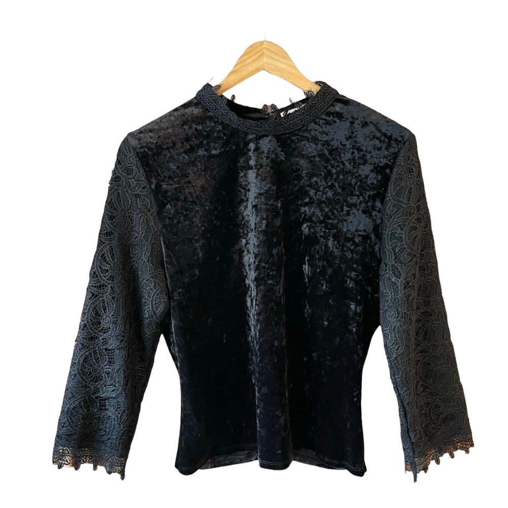 Anthropologie Black Velvet and Lace High Neck Long Sleeve Top New with Tags, L